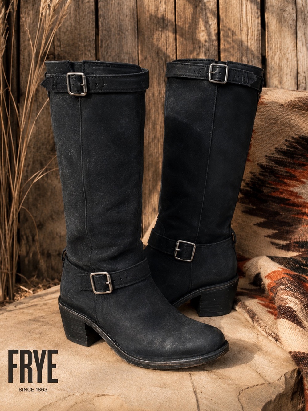FRYE Carmen Zip Black Suede / Leather Boots